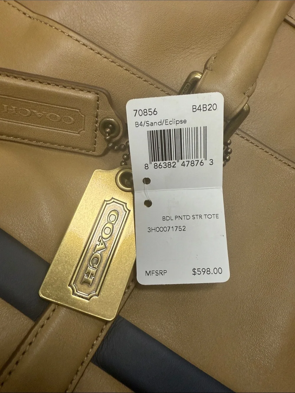 Coach Bleeker Tan Leather XL Striped Tote with Green and Blue Stripes